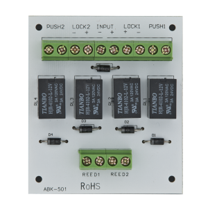 PCB-501 * Modul electronic pentru doua usi cu incuietori tip fail-safe cu monitorizare sau buton