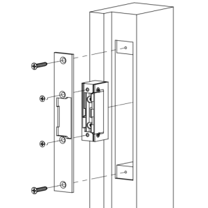 DORCAS-99-1-AbDF-TOP-DOUBLE * Yala electromecanica incastrabila, fail-secure cu memorie mecanica, de mici dimensiuni, pentru broasca cu opritor de limba despartita in doua